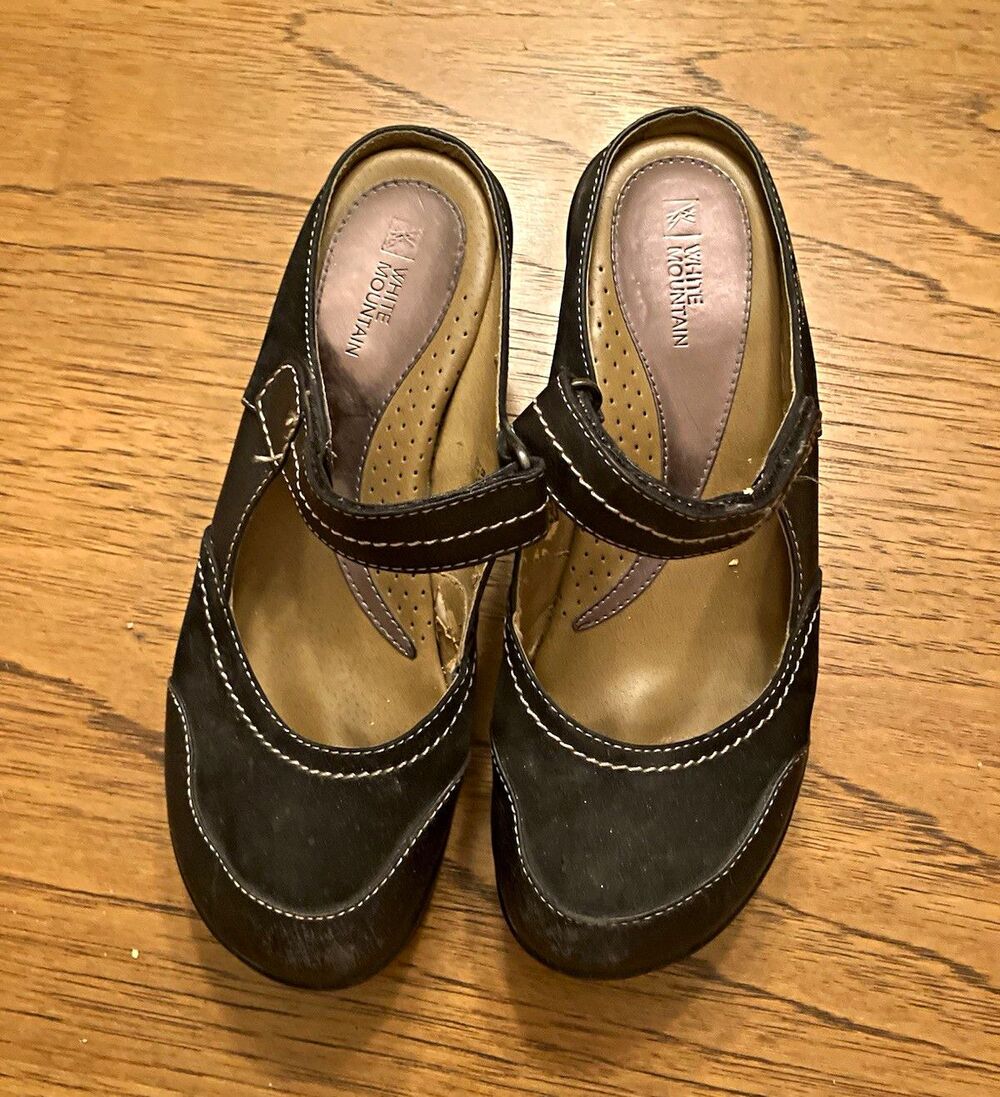 White Mountain Black Leather Mary Jane Wedge Heel Hook & Loop Strap 8.5M